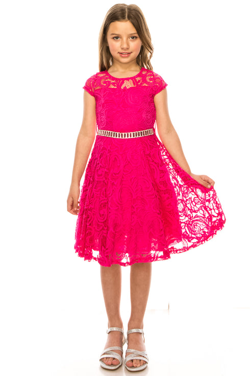 Big Girls Multi-Color Lace Glitter Stone Belt Special Occasion Skater Dress 8-14 - SophiasStyle.com